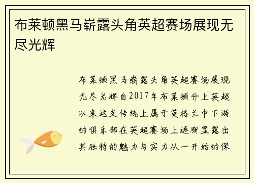 布莱顿黑马崭露头角英超赛场展现无尽光辉