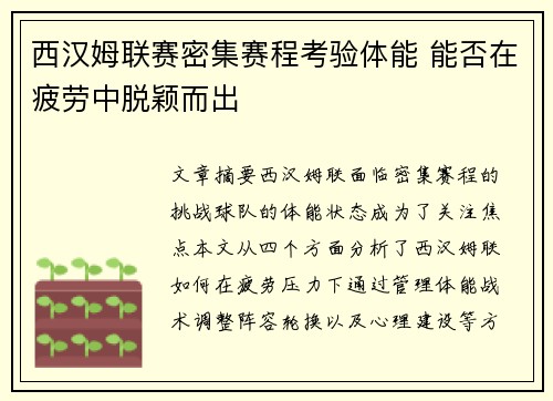 西汉姆联赛密集赛程考验体能 能否在疲劳中脱颖而出